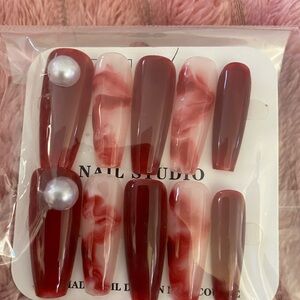 Red and White Marble Press-On Nails